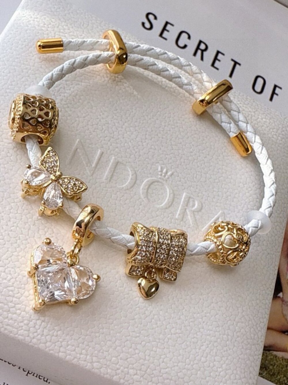 Pandora White Braided Bracelet with Gold & Crystal Charms